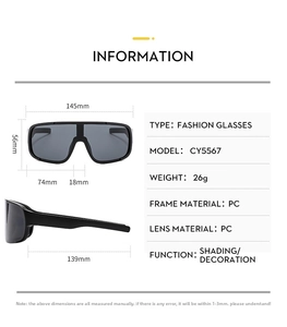 Detailed technical diagram of outdoor cycling glasses showing frames and dimensions