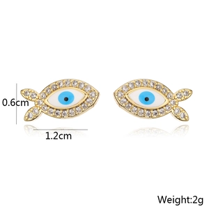 Detail view of 18K gold plated zircon eye stud earrings with size specs and dimensions