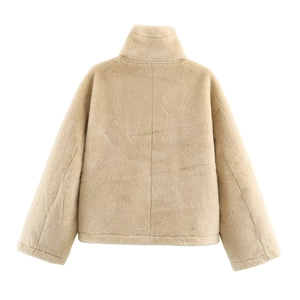 Back view of a beige faux fur jacket with a high collar and plush texture for winter