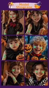Luminous Halloween tattoos featuring ghosts and pumpkins on child face and arm