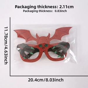 Detailed measurement of red glitter Halloween bat glasses with devil horns in packaging