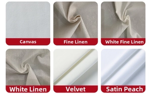Detailed fabric texture comparison of canvas, linen, velvet, and peach skin materials