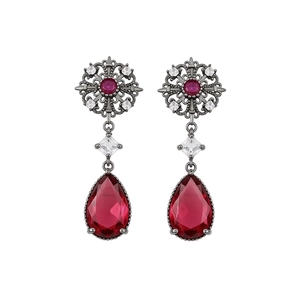 Vintage palace style hollow flower earrings with red ruby teardrop and silver silver needle