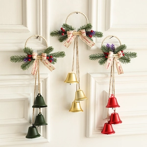 Christmas hanging bells with metal bells and pine needles in green, gold, and red styles