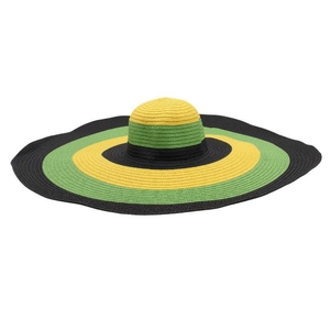 Macro detail of wide-brim straw hat featuring green, yellow, and black concentric stripes