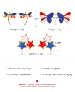 Detailed specs of copper star butterfly and dragonfly earrings with US flag enamel colors