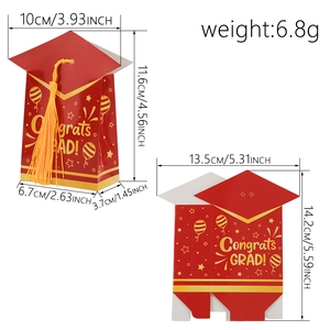 Red graduation candy box with yellow tassel and Congrats Grad text showing dimensions