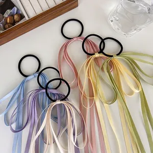 Satin Bow Hair Ties With Long Ribbons French Elegant Fairy Style Elastic Hair Ropes For Ponytail Women Girl