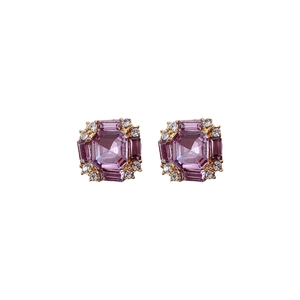 Elegant gold square stud earrings with purple crystals and sparkling accents on white background