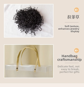 Detail of matte gift bag with yellow woven handles and black raffia paper filler