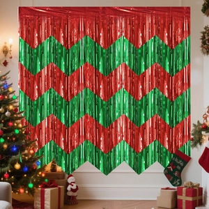 Detail of red and green wavy metallic foil fringe curtain for Christmas party backdrop