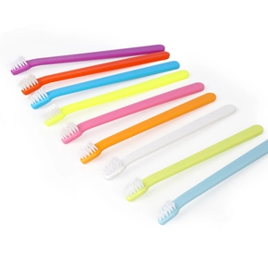 Ten colorful pet toothbrushes for cats and dogs with soft white bristles in various colors
