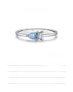 Detailed specs of 925 sterling silver ring with blue pear and rectangle gemstones