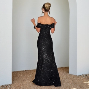 Elegant black off-shoulder sequin evening dress with a slim fit fishtail design and back view