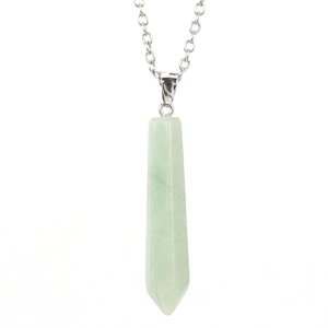 Close-up of hexagonal green aventurine crystal pendant with silver chain links