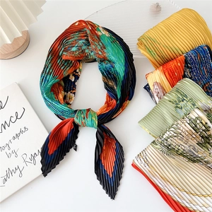 Pleated square silk scarf with vibrant tropical floral prints for elegant neck and hair styling
