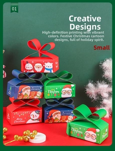 Detail of Christmas gift boxes with 3D bow handles and festive cartoon characters