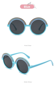 Macro view of blue kids' sunglasses featuring rainbow stripes and round grey lenses