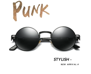 Detailed view of black steampunk metal sunglasses with retro round frames and engraved bridge