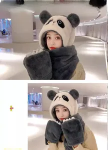 Close-up of plush panda hooded scarf with built-in pockets and cute ear details