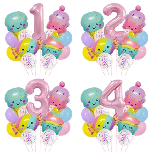 Süßes Süßigkeiten Eiscreme Ballonset Mit Rosa Aluminiumfolie Zahlenballons Für Babyparty Kinder Geburtstag Party Dekoration Macaron Farben
