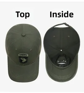 Top and interior detail view of military green cotton canvas airborne baseball cap