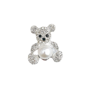 Sparkling silver teddy bear pendant featuring a large white pearl and clear rhinestones