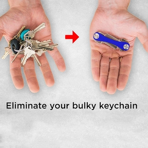 Blue metal key organizer comparison showing how to eliminate a bulky keychain setup