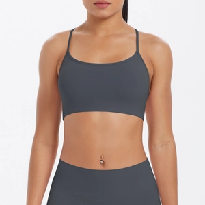 Vue de face du brassière de sport gris foncé à fines bretelles en tissu élastique
