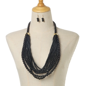 Detail view of multi-layer black bead necklace and earring set on white background