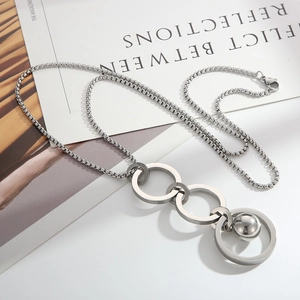 Silver stainless steel long necklace with three interlocking rings and a solid ball pendant