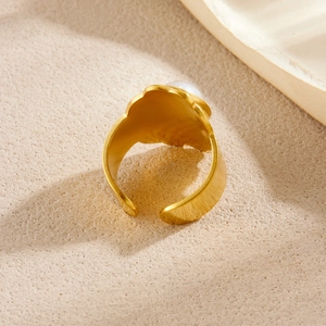 Vintage gold plated stainless steel open ring with a classic white pearl inlay