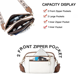 White faux leather crossbody bag with floral strap and multiple zipper compartments