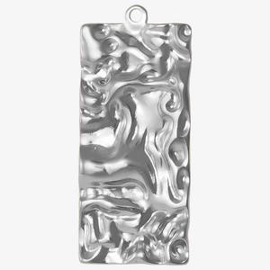 Close-up of silver rectangle pendant with molten lava texture and top hanging ring