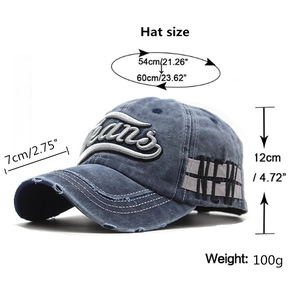 Washed navy cotton baseball cap with letter embroidery and size measurements