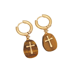 Cross earrings featuring tiger eye stone pendants with gold plated stainless steel hoops