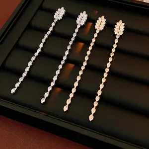 Long Tassel Dangle Earrings Leaf Shape Copper With Zircon And 925 Sterling Silver Earring Post Fashion Jewelry For Women