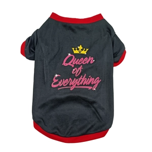 Detail of black pet T-shirt with Queen of Everything print and red neckline trim