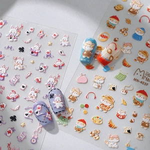 3D embossed nail art stickers set with cute rabbit and cat designs MN-403F style