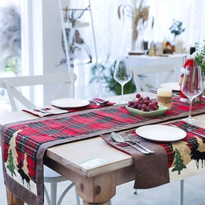 Christmas red plaid table runner and placemat set with reindeer and tree embroidery