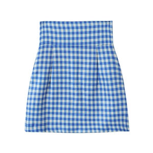 Vintage high waist A-line skirt with blue and white gingham check pattern and pleated design