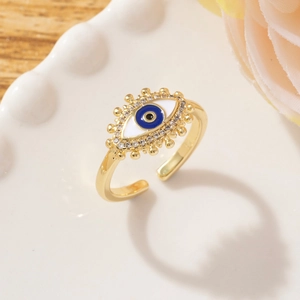 Close-up of Evil Eye ring featuring colorful enamel and pave-set cubic zirconia crystals