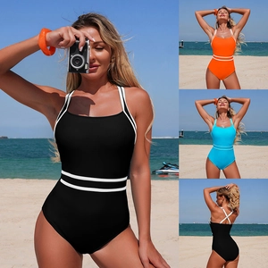 Women Sporty Swimsuit Contrasting Color Trim Racerback Nylon High Elastic Quick Dry Beach Pool Bathing Clothing