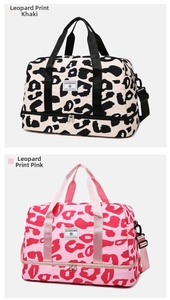Détails des sacs de voyage à motif vache en kaki et rose avec compartiment à chaussures