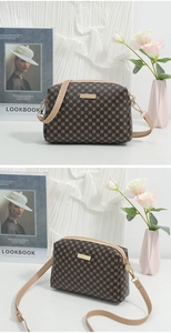 Detail of dark brown monogram crossbody bag with gold metal plate and beige strap