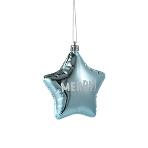 Ice blue glittery star Christmas ornament with Merry text and hanging string for decor