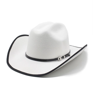 Classic white felt cowboy hat with black trim and vintage buckle on plain white background