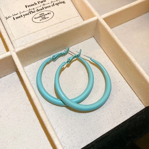 Detailed view of turquoise blue matte hoop earrings in a cream jewelry box compartment