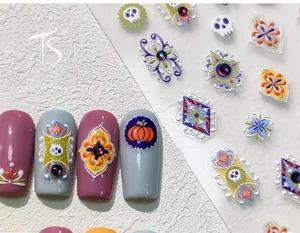 Detailed 3D embossed Halloween nail stickers featuring pumpkins and skulls with 3D texture
