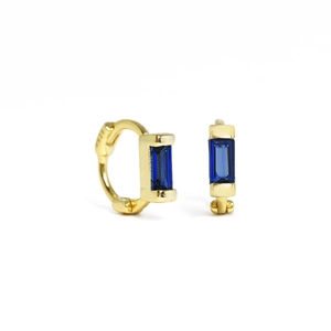 Detail view of gold-plated S925 silver earrings with rectangle blue crystal stones